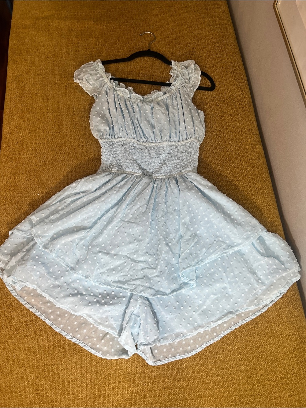 Light Blue Swiss Dot Romper with Smocked Waist